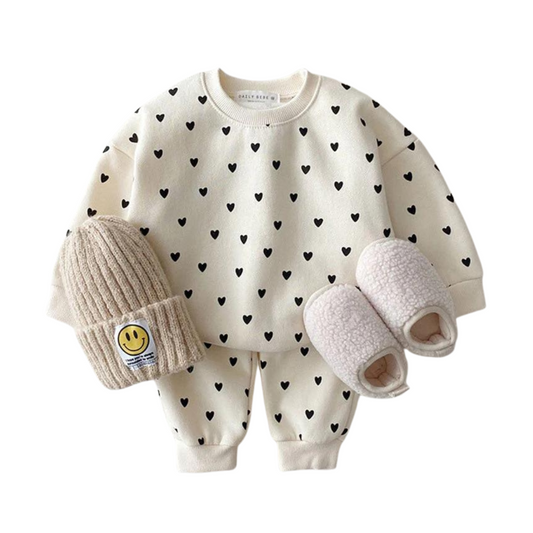 2 Pc Set Infant Toddlers Unisex Cream Hearts Sweater Top and Bottom Set