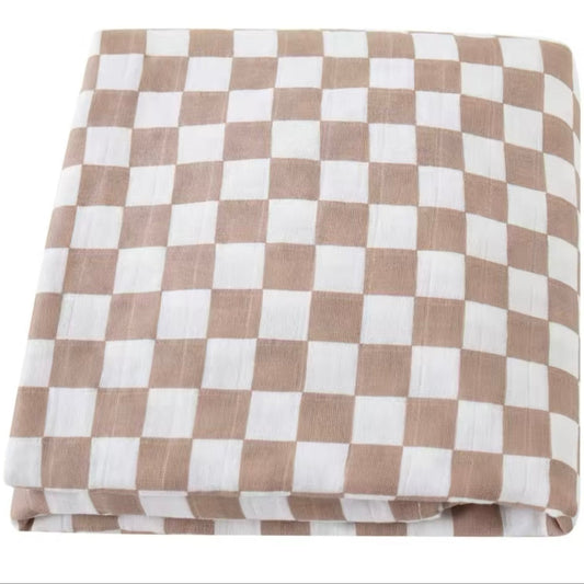 Muslin Cotton Swaddle Tan Checkered Print Blanket