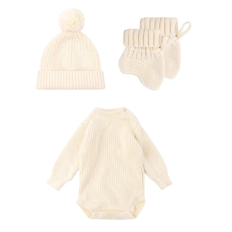 3Pc Newborn Knitted Soft Romper Set with Matching Hat and Socks