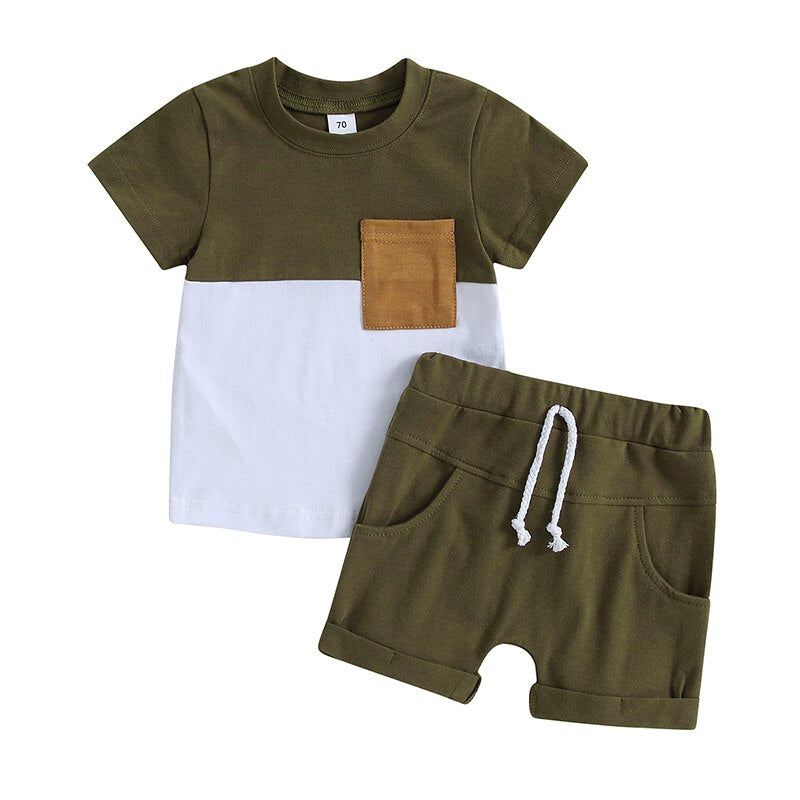 2 Pc Set: 0-3T Toddler Infant Baby Boy Color Block Tee and Shorts Summer Set