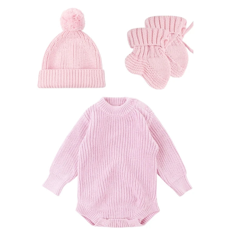 3Pc Newborn Knitted Soft Romper Set with Matching Hat and Socks