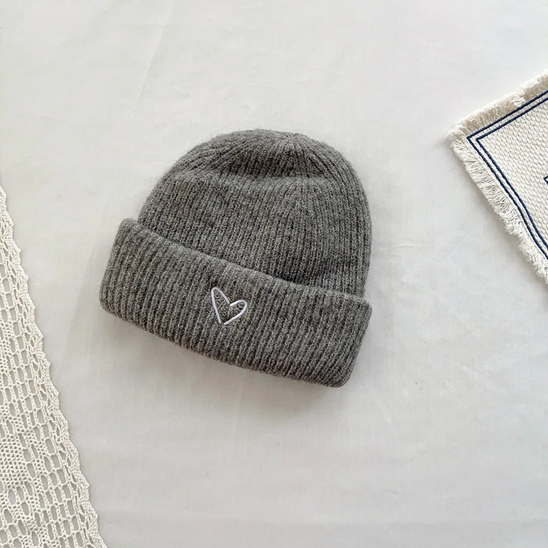 Unisex Gray Love Embroidery Toddler Kids Winter Knitted Hat