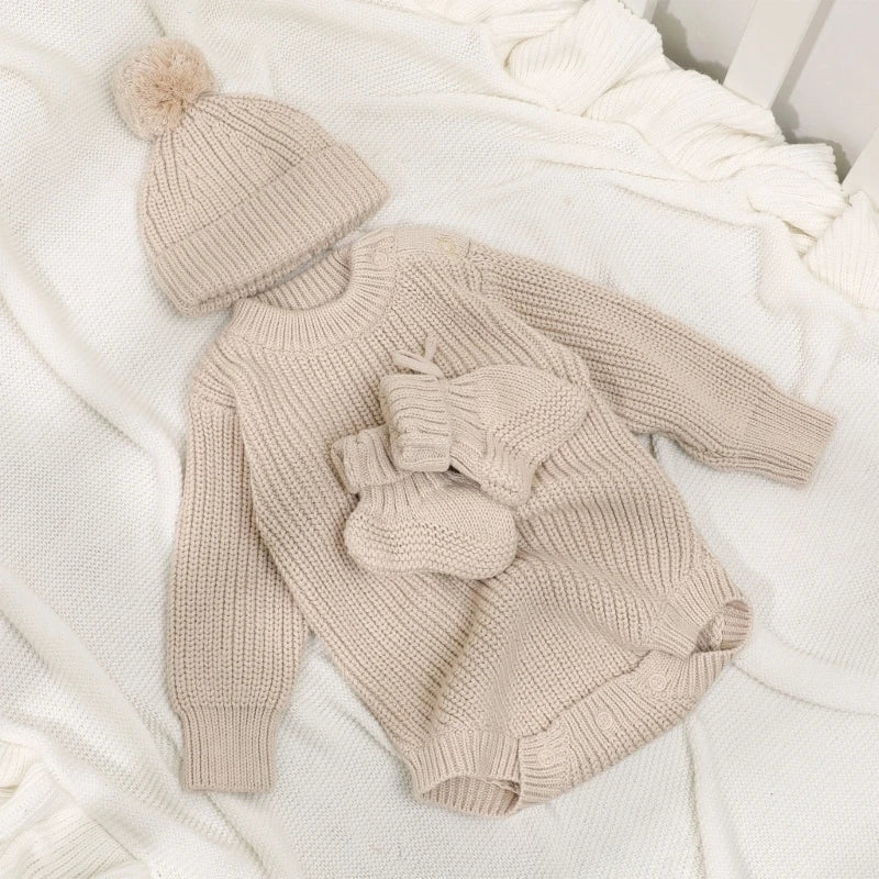 3Pc Newborn Knitted Soft Romper Set with Matching Hat and Socks