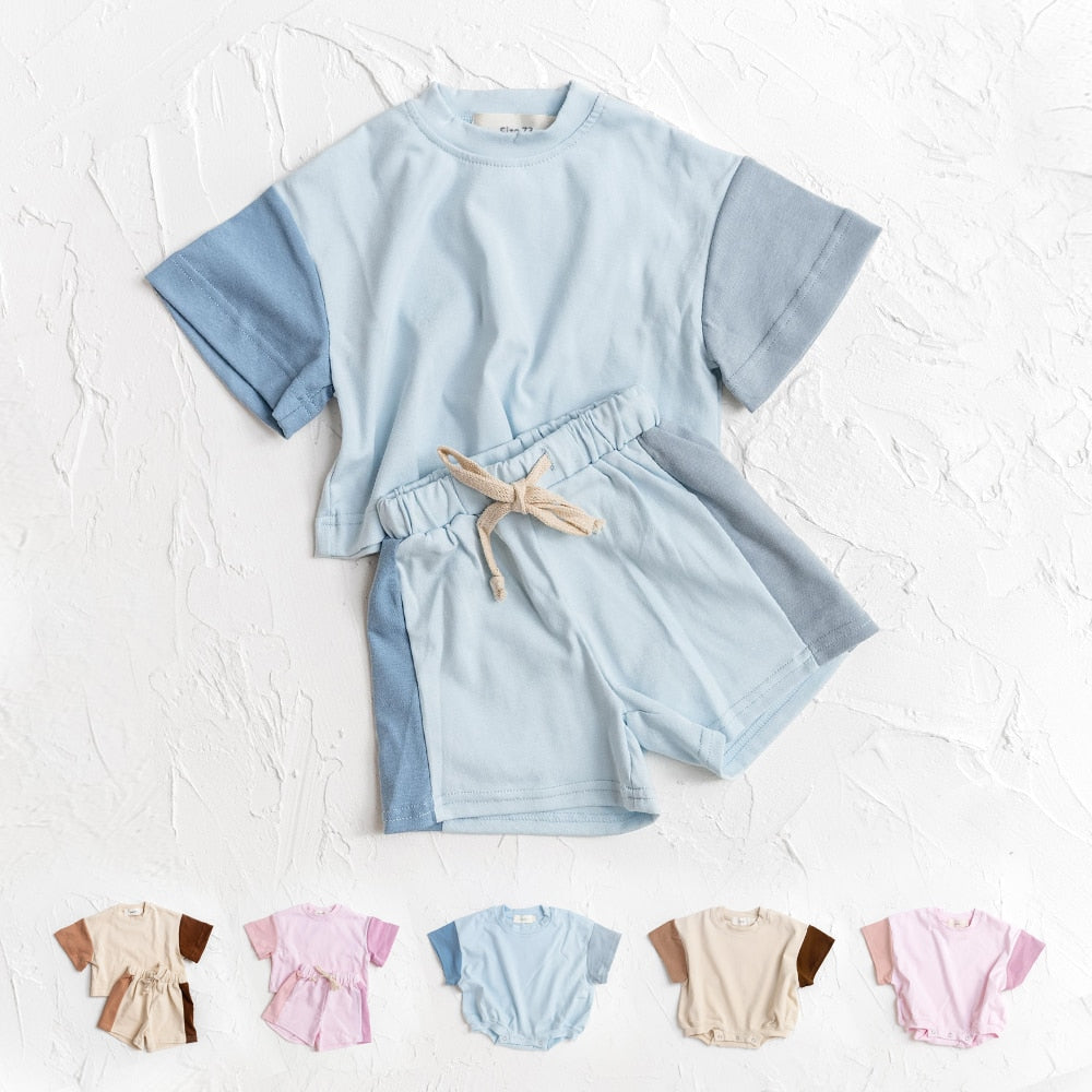 2 Piece Set: Baby Toddlers Cotton Short Sleeve Tan Color Block Top and Shorts