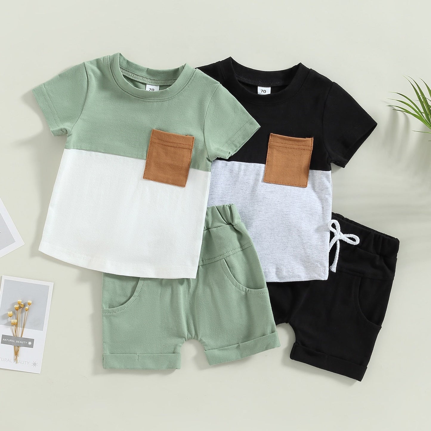 2 Pc Set: 0-3T Toddler Infant Baby Boy Color Block Tee and Shorts Summer Set