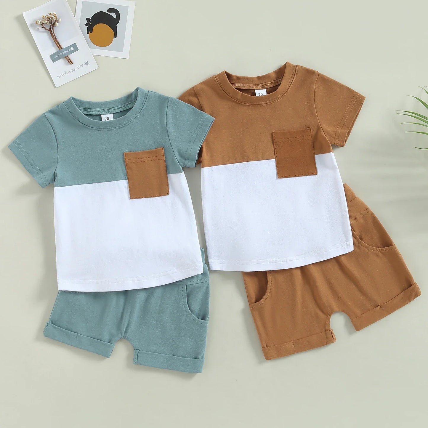 2 Pc Set: 0-3T Toddler Infant Baby Boy Color Block Tee and Shorts Summer Set