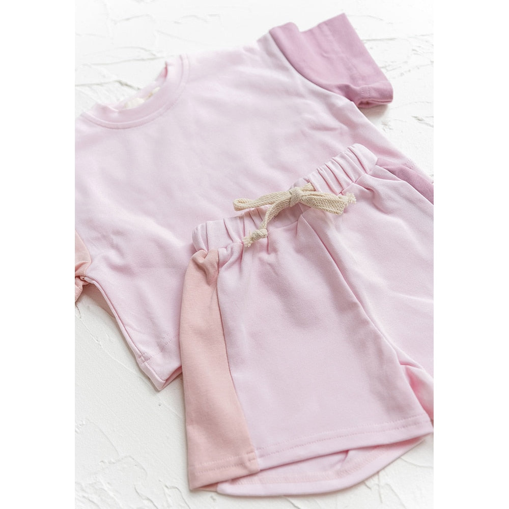 2 Piece Set: Baby Toddlers Cotton Short Sleeve Pink Color Block Top and Shorts