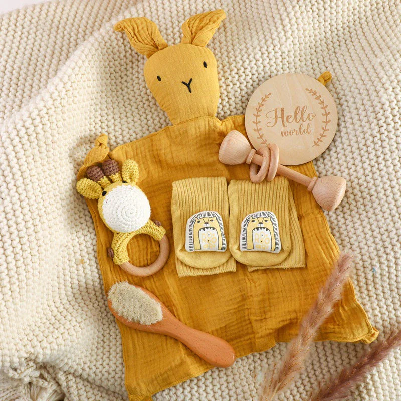 6 Pc Set: Newborn Baby Mustard Bunny Lovey Bath Toy Gift Box Set