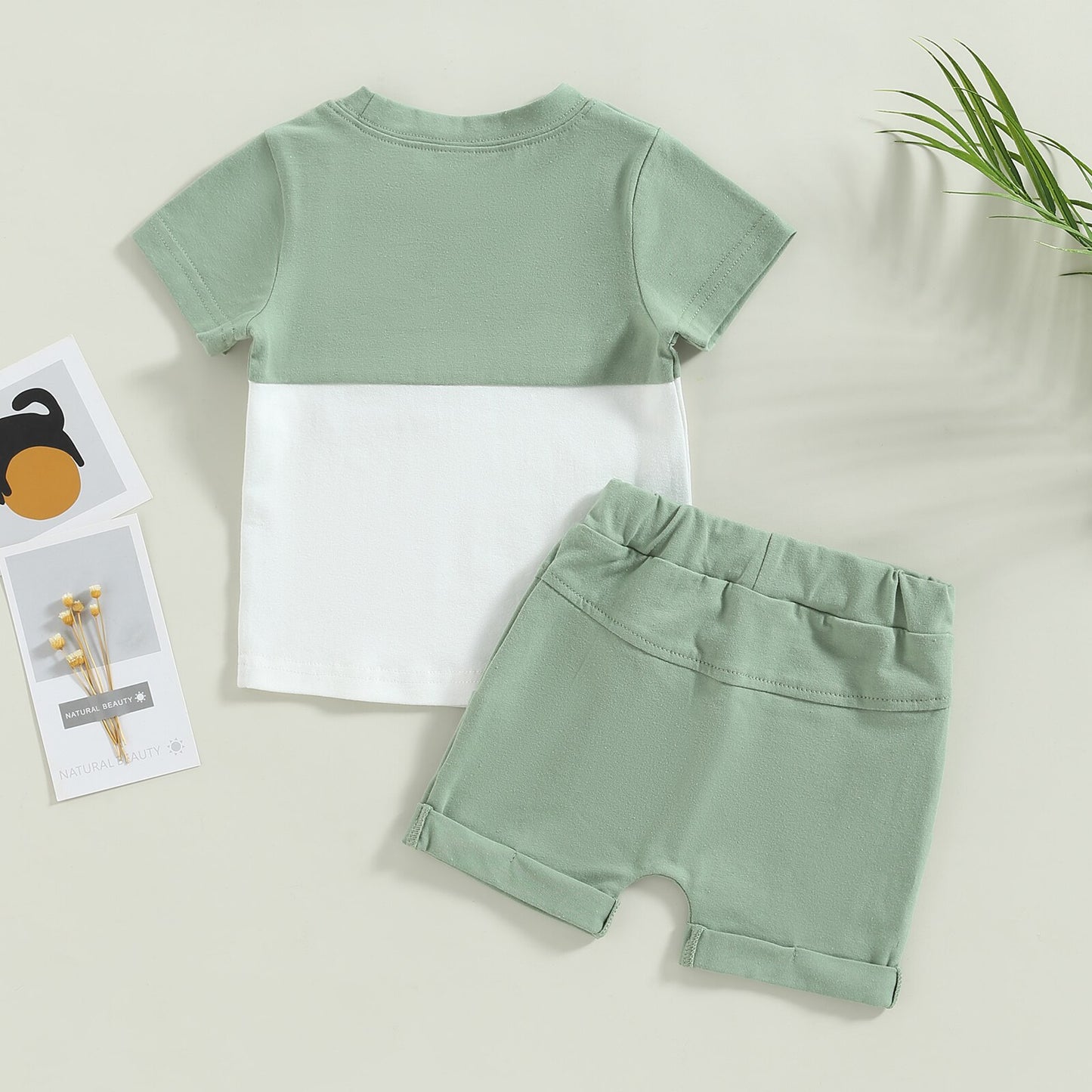 2 Pc Set: 0-3T Toddler Infant Baby Tan & Green Block Tee and Shorts Summer Set