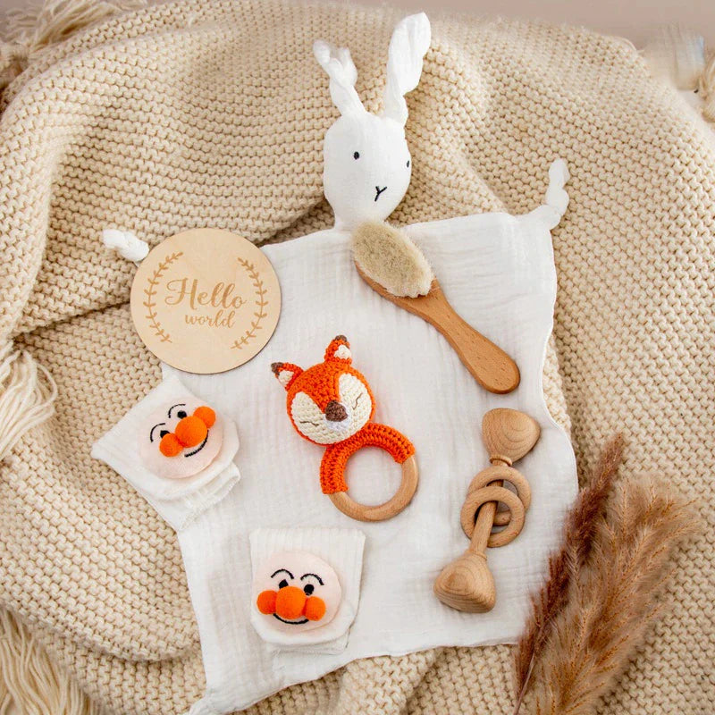 6 Pc Set: Newborn Baby Fox Lovey Bath Toy Gift Box Set