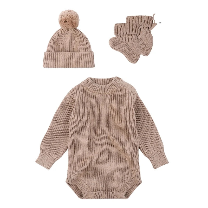 3Pc Newborn Knitted Soft Romper Set with Matching Hat and Socks