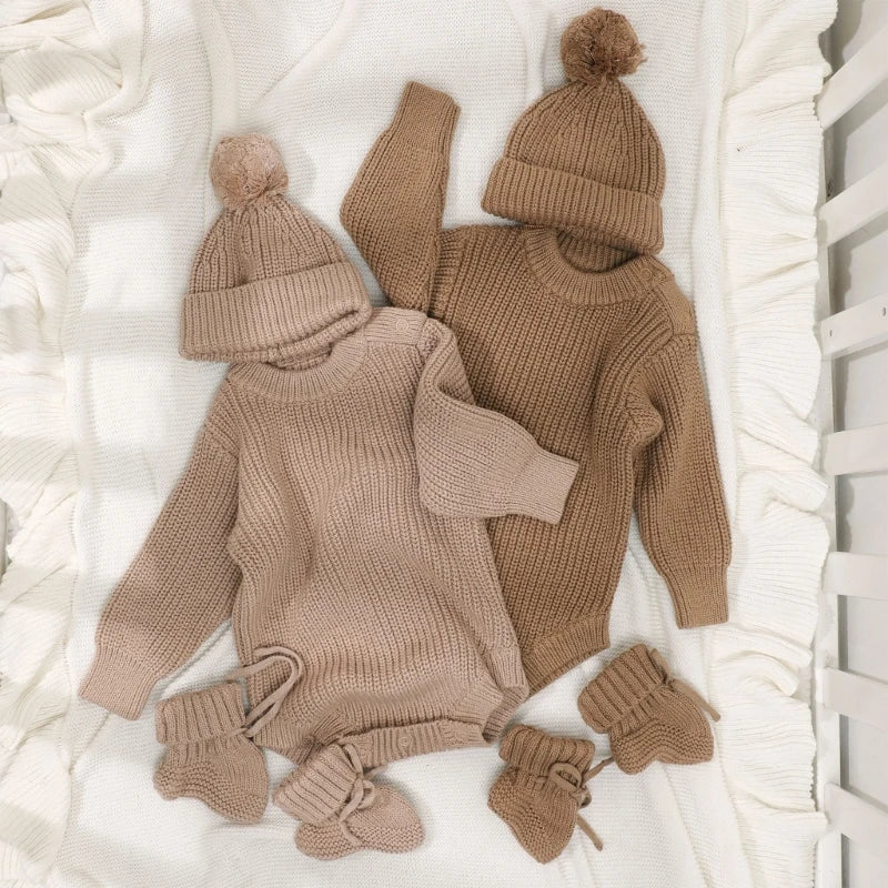 3Pc Newborn Knitted Soft Romper Set with Matching Hat and Socks