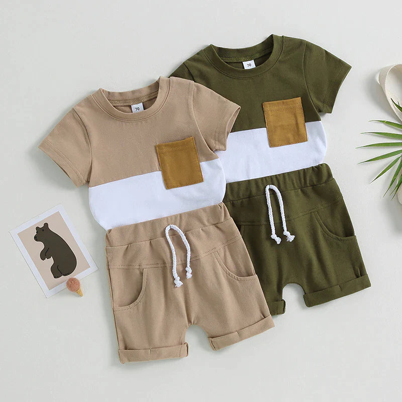 2 Pc Set: 0-3T Toddler Infant Baby Boy Color Block Tee and Shorts Summer Set