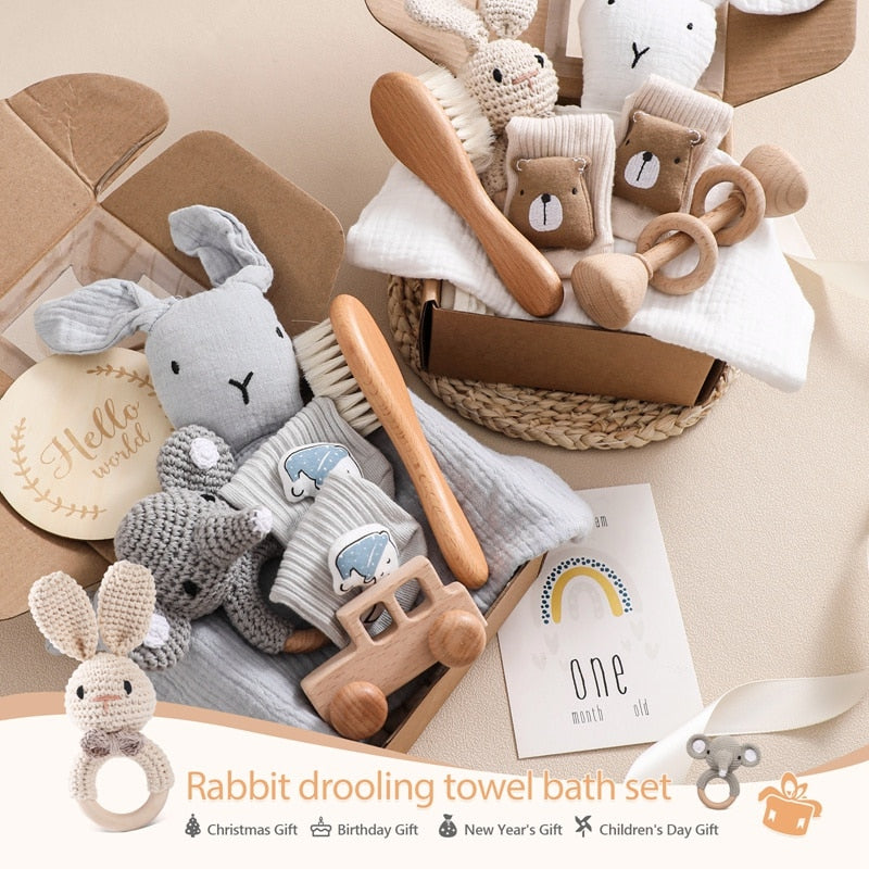 6 Pc Set: Newborn Baby Pink Bunny Animal Lovey Bath Toy Gift Box Set