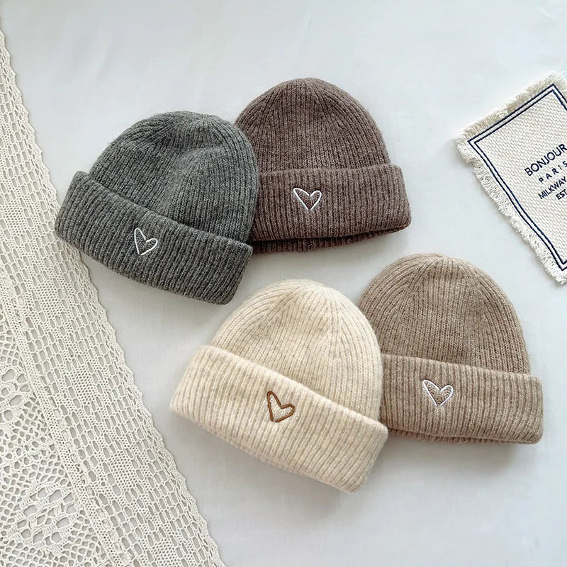 Unisex Gray Love Embroidery Toddler Kids Winter Knitted Hat