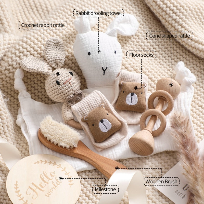 6 Pc Set: Newborn Baby Mustard Bunny Lovey Bath Toy Gift Box Set