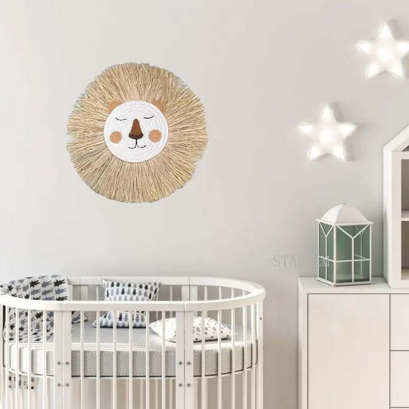 Nordic Handmade Lion with Brown Woven Wall Decor Nursery