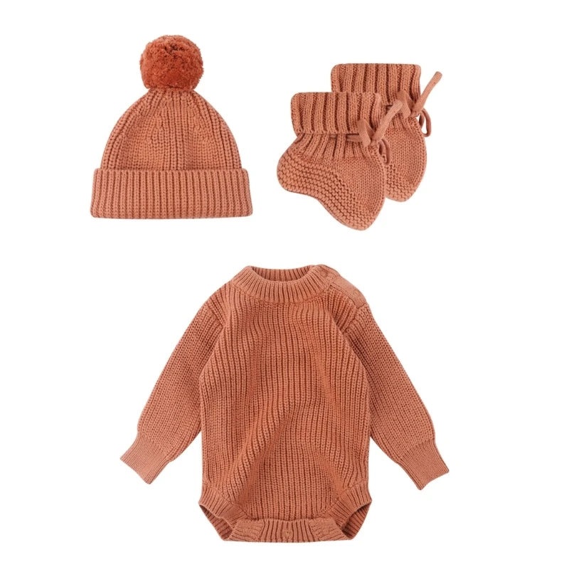 3Pc Newborn Knitted Soft Romper Set with Matching Hat and Socks