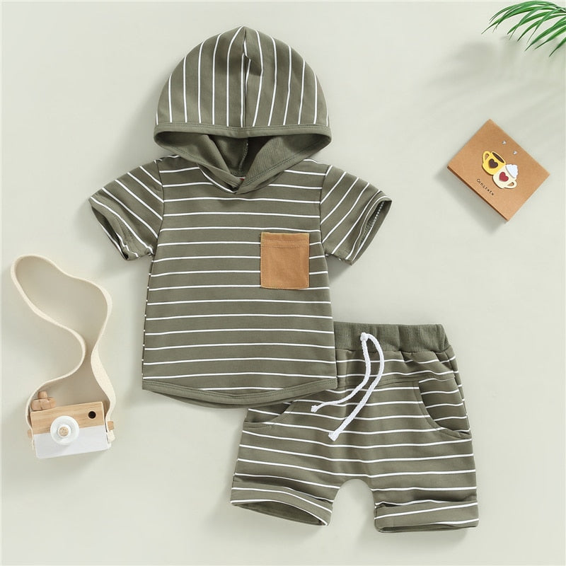 2 Pc: Baby Boy Gray Short Sleeve Striped Hooded Sweatshirt and Shorts Summer Set