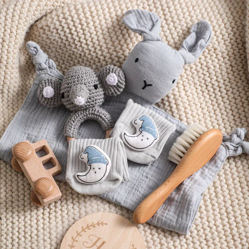 6 Pc Set: Newborn Baby Blue Bunny Animal Lovey Bath Toy Gift Box Set