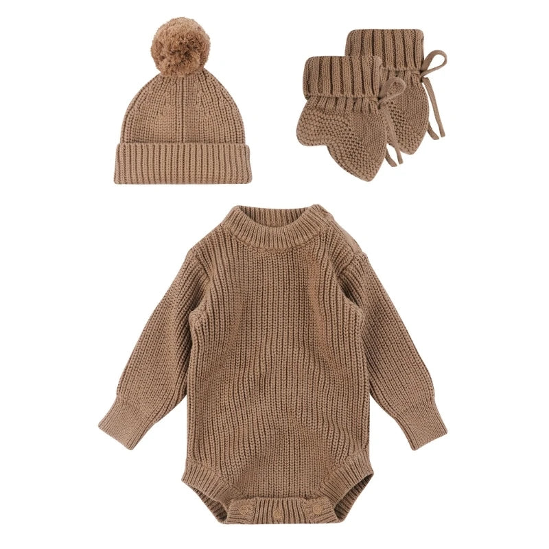 3Pc Newborn Knitted Soft Romper Set with Matching Hat and Socks