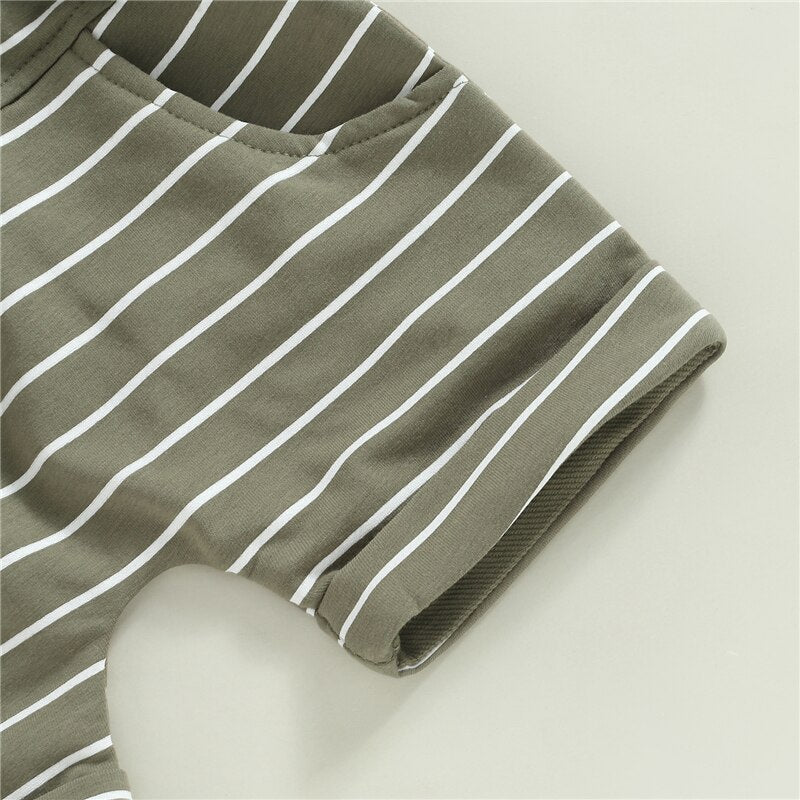2 Pc: Baby Boy Army Green Short Sleeve Striped Hooded Sweatshirt and Shorts Summer Set