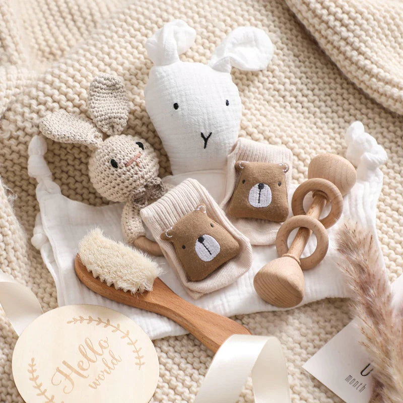 6 Pc Set: Newborn Baby Animal Lovey Bath Toy Gift Box Set