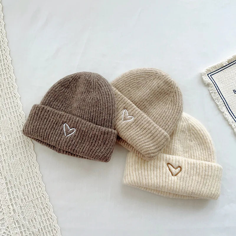 Unisex Brown Love Embroidery Toddler Kids Winter Knitted Hat