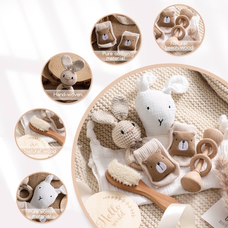 6 Pc Set: Newborn Baby Mustard Bunny Lovey Bath Toy Gift Box Set
