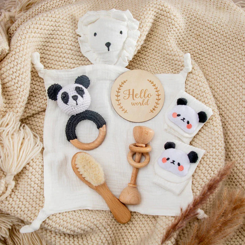 6 Pc Set: Newborn Baby Panda Lovey Bath Toy Gift Box Set