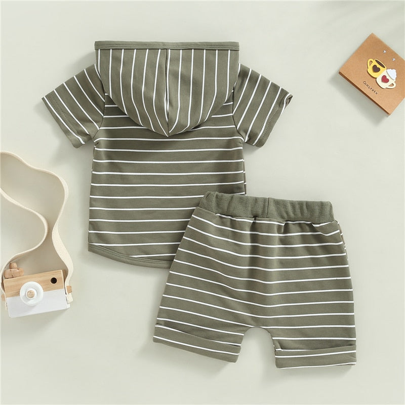 2 Pc: Baby Boy Gray Short Sleeve Striped Hooded Sweatshirt and Shorts Summer Set