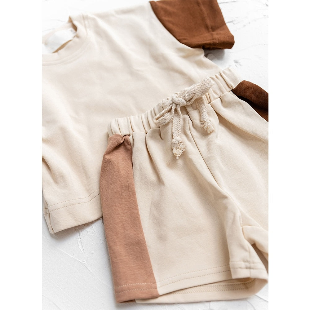 2 Piece Set: Baby Toddlers Cotton Short Sleeve Tan Color Block Top and Shorts