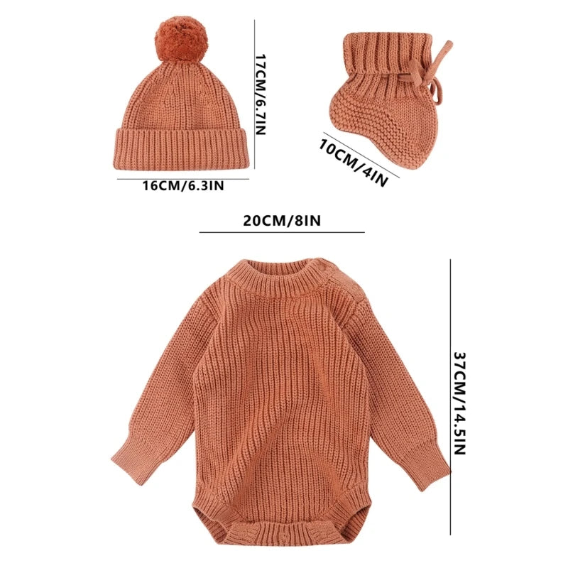 3Pc Newborn Knitted Soft Romper Set with Matching Hat and Socks