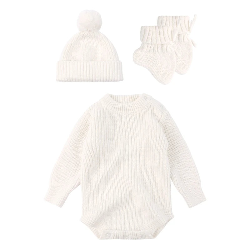 3Pc Newborn Knitted Soft Romper Set with Matching Hat and Socks