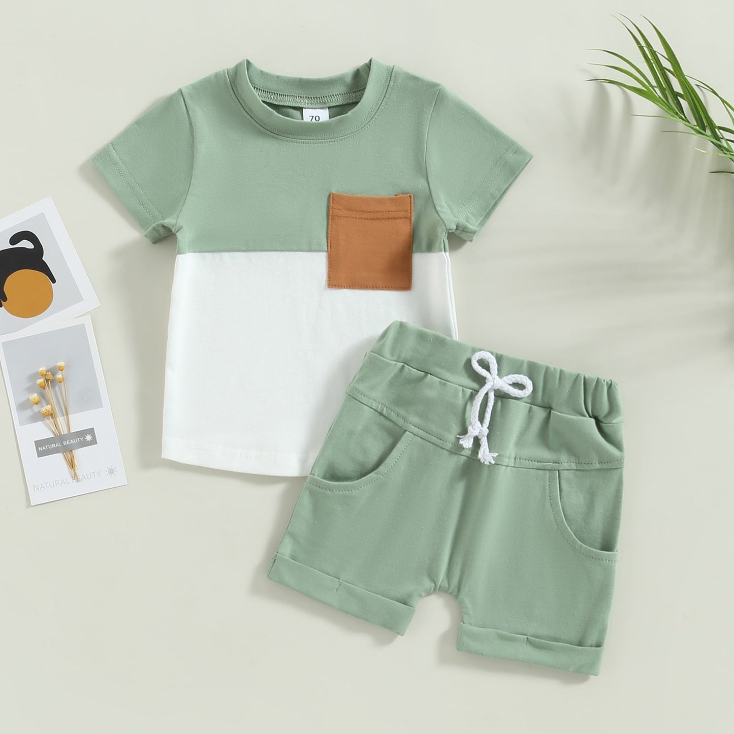2 Pc Set: 0-3T Toddler Infant Baby Boy Color Block Tee and Shorts Summer Set