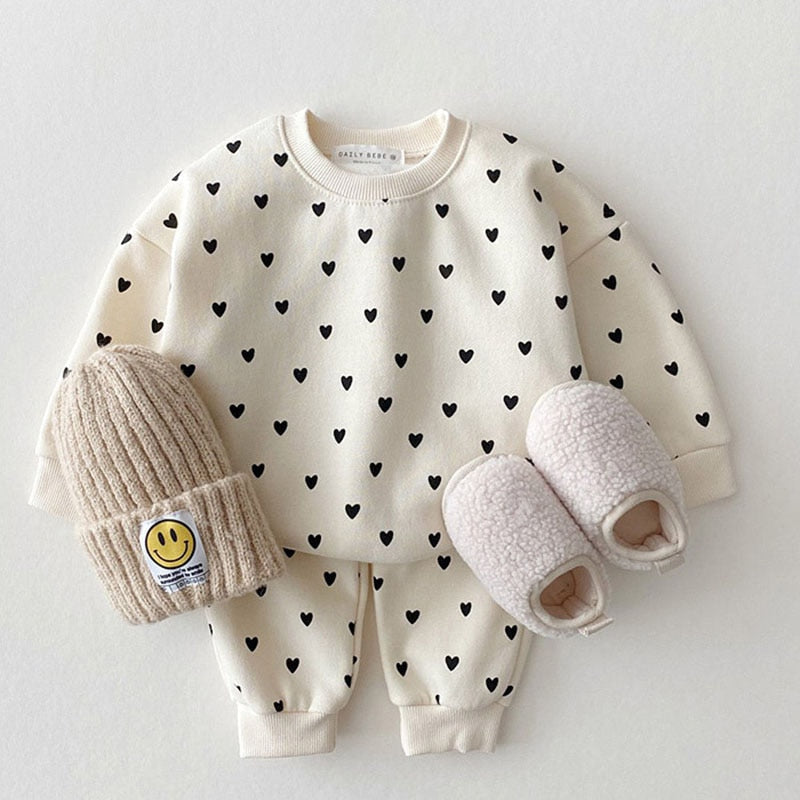 2 Pc Set Infant Toddlers Unisex Cream Hearts Sweater Top and Bottom Set