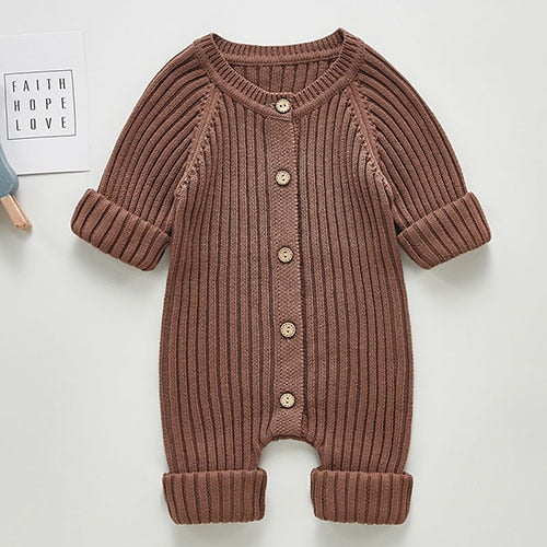 Unisex Infant Toddler Coffee Solid Knit Long Sleeve One Piece Button Romper