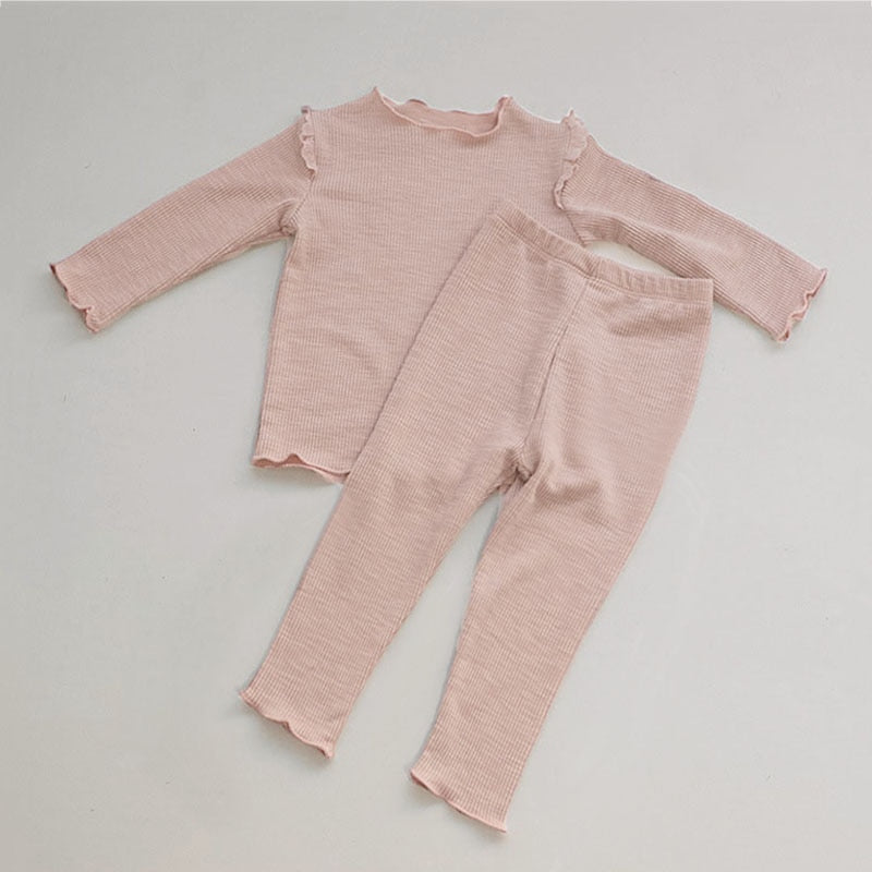 2 Pc Set 12M-6T Toddler Kids Girls Long Sleeve Scalloped Solid Set