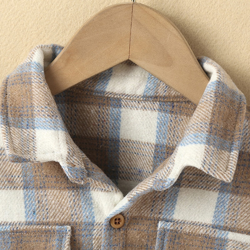 Toddler Kids Unisex Tan Plaid Flannel Long Sleeve Jacket with Pockets