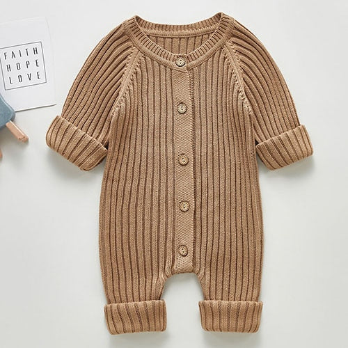 Unisex Infant Toddler Tan Solid Knit Long Sleeve One Piece Button Romper