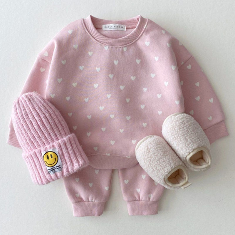 2 Pc Set Infant Toddlers Unisex Pink Hearts Sweater Top and Bottom Set