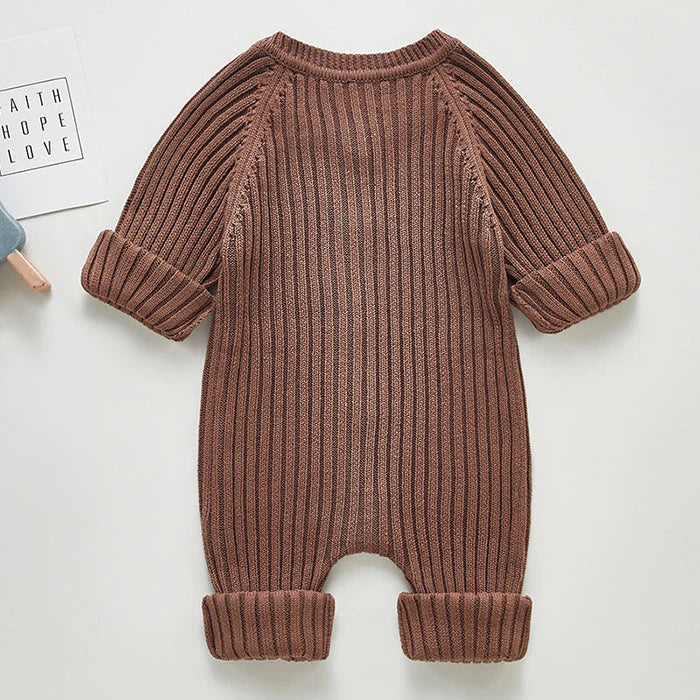 Unisex Infant Toddler Coffee Solid Knit Long Sleeve One Piece Button Romper
