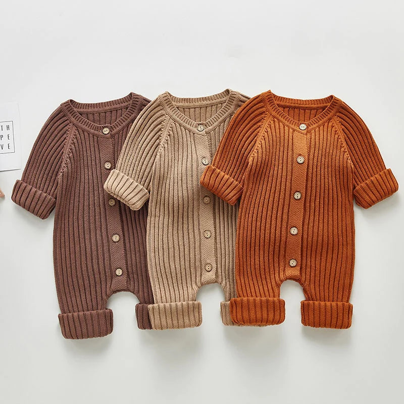 Unisex Infant Toddler Rust Brown Solid Knit Long Sleeve One Piece Button Romper