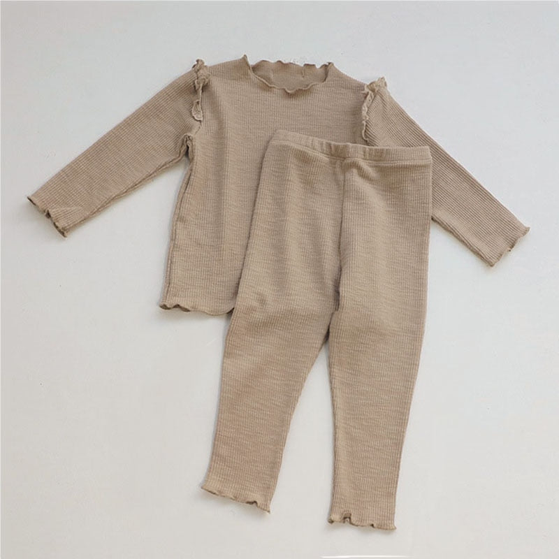 2 Pc Set 12M-6T Toddler Kids Girls Long Sleeve Scalloped Solid Set