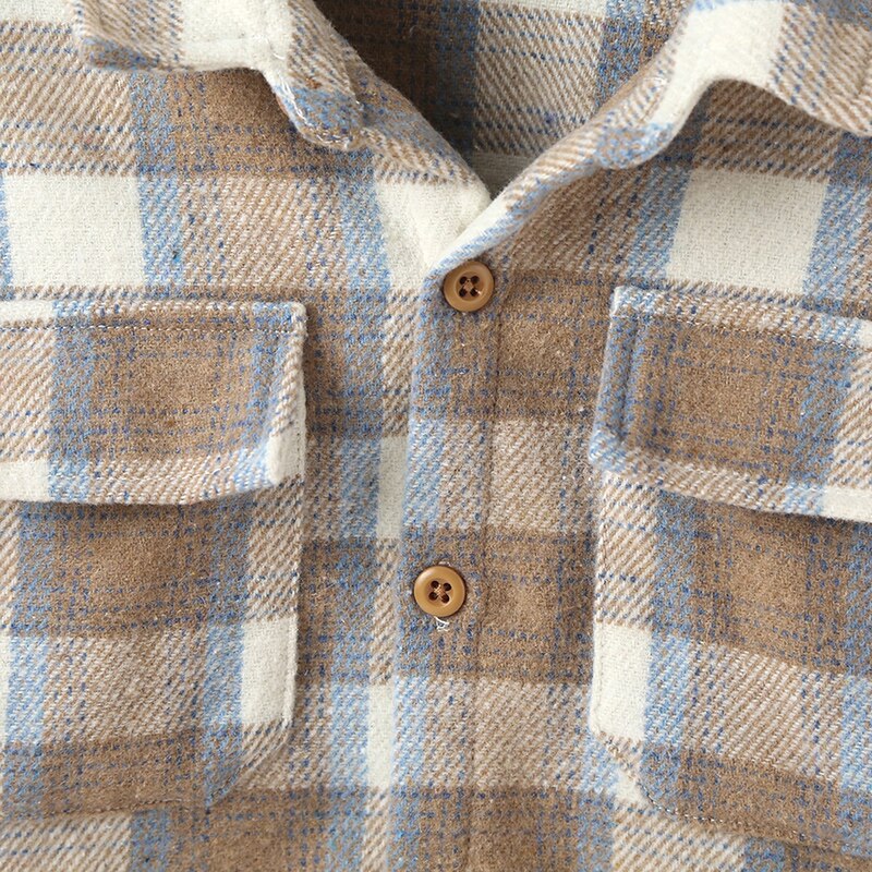 Toddler Kids Unisex Tan Plaid Flannel Long Sleeve Jacket with Pockets