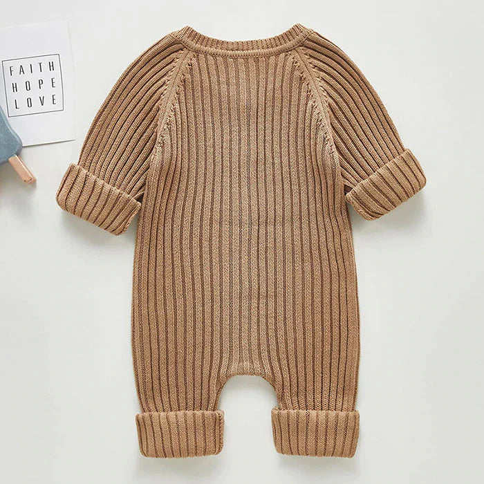 Unisex Infant Toddler Tan Solid Knit Long Sleeve One Piece Button Romper