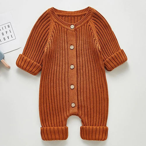 Unisex Infant Toddler Rust Brown Solid Knit Long Sleeve One Piece Button Romper