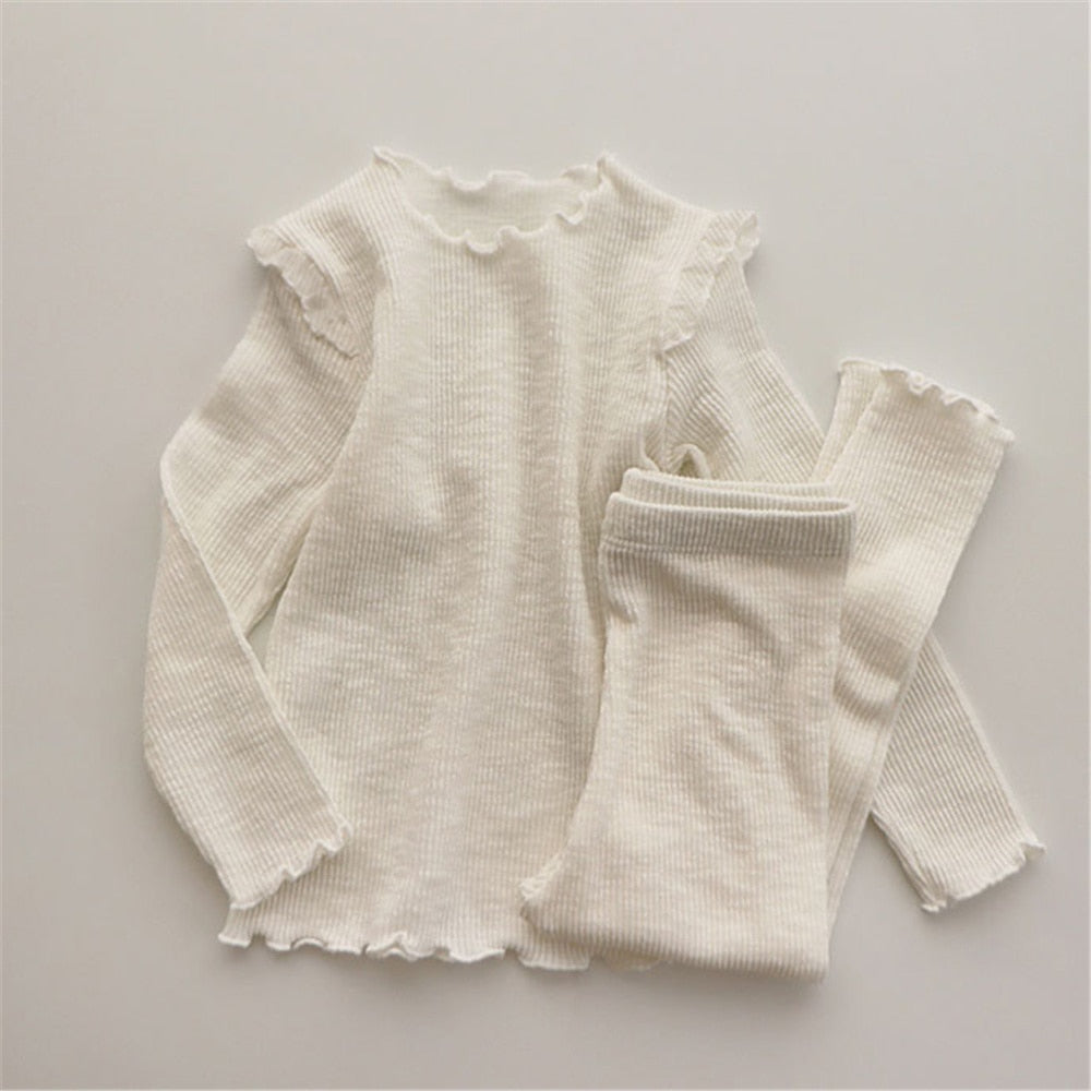 2 Pc Set 12M-6T Toddler Kids Girls Long Sleeve Scalloped Solid Set