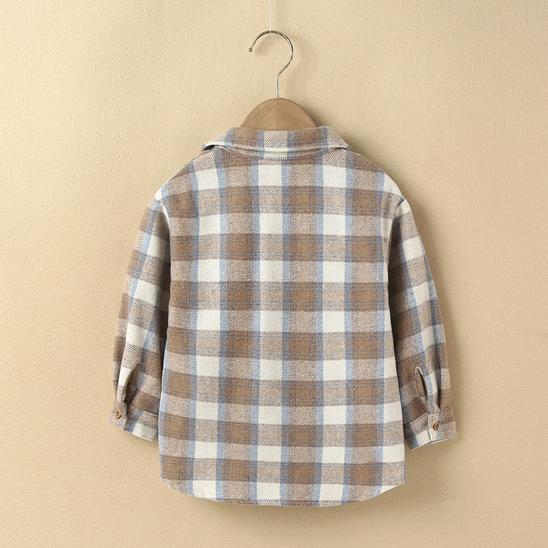 Toddler Kids Unisex Tan Plaid Flannel Long Sleeve Jacket with Pockets