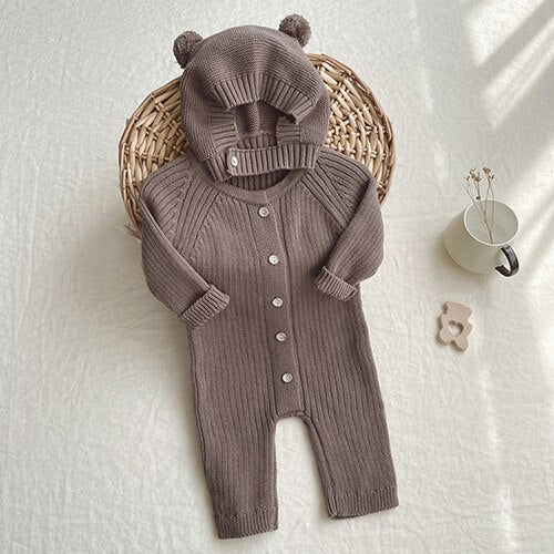 0-24M Unisex Coffee Baby Knit Two Piece Romper and Teddy Hat Set